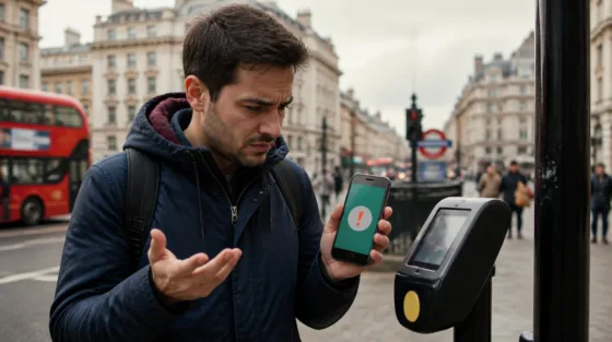 Smartphone mit der Bezahl-App von Revolut, auf dem eine Störungsmeldung erscheint.