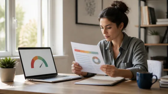 Person prüft am Laptop eine Auskunft der Schufa zu ihrem Score.