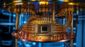 Symbolische Darstellung eines supraleitenden Chips, auf dem ein Quantengatter ausgeführt wird