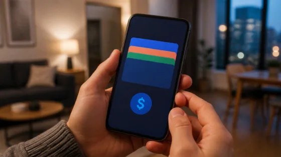 Samsung: Hände halten ein Smartphone mit einer abstrakten Wallet-App und einem Stablecoin-Symbol