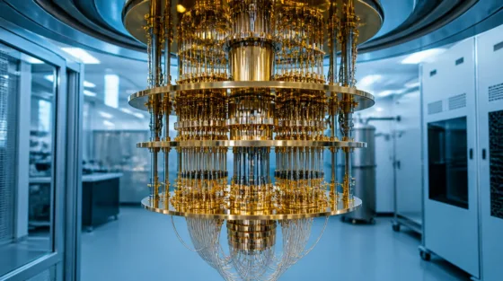 Fehlerkorrektur: Kryostat eines Quantencomputers mit goldenen Ebenen und Koaxialkabeln im Labor