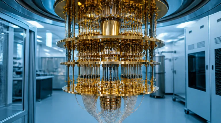Fehlerkorrektur: Kryostat eines Quantencomputers mit goldenen Ebenen und Koaxialkabeln im Labor