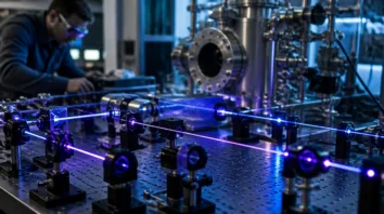 IonQ-Forschung als Symbol: optischer Labortisch mit Laserstrahlen für Quantenspeicher-Experimente