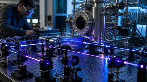 IonQ-Forschung als Symbol: optischer Labortisch mit Laserstrahlen für Quantenspeicher-Experimente
