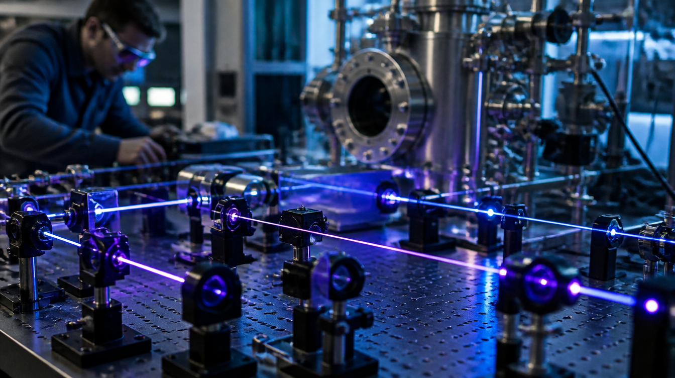 IonQ-Forschung als Symbol: optischer Labortisch mit Laserstrahlen für Quantenspeicher-Experimente