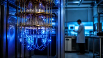 Quantenchaos: Quantenlabor mit Kryostat und leuchtenden Kabeln am IBM-Quantenchip