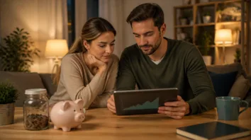 Paar plant am Tablet das Altersvorsorgedepot, daneben Sparschwein und Münzglas