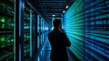 LSEG Tick History auf der GPU: Analyst vor Marktdaten-Wand im Rechenzentrum mit GPU-Servern