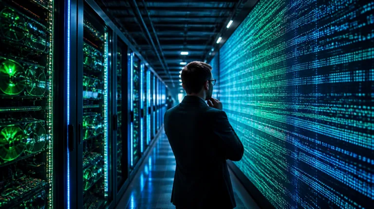 LSEG Tick History auf der GPU: Analyst vor Marktdaten-Wand im Rechenzentrum mit GPU-Servern