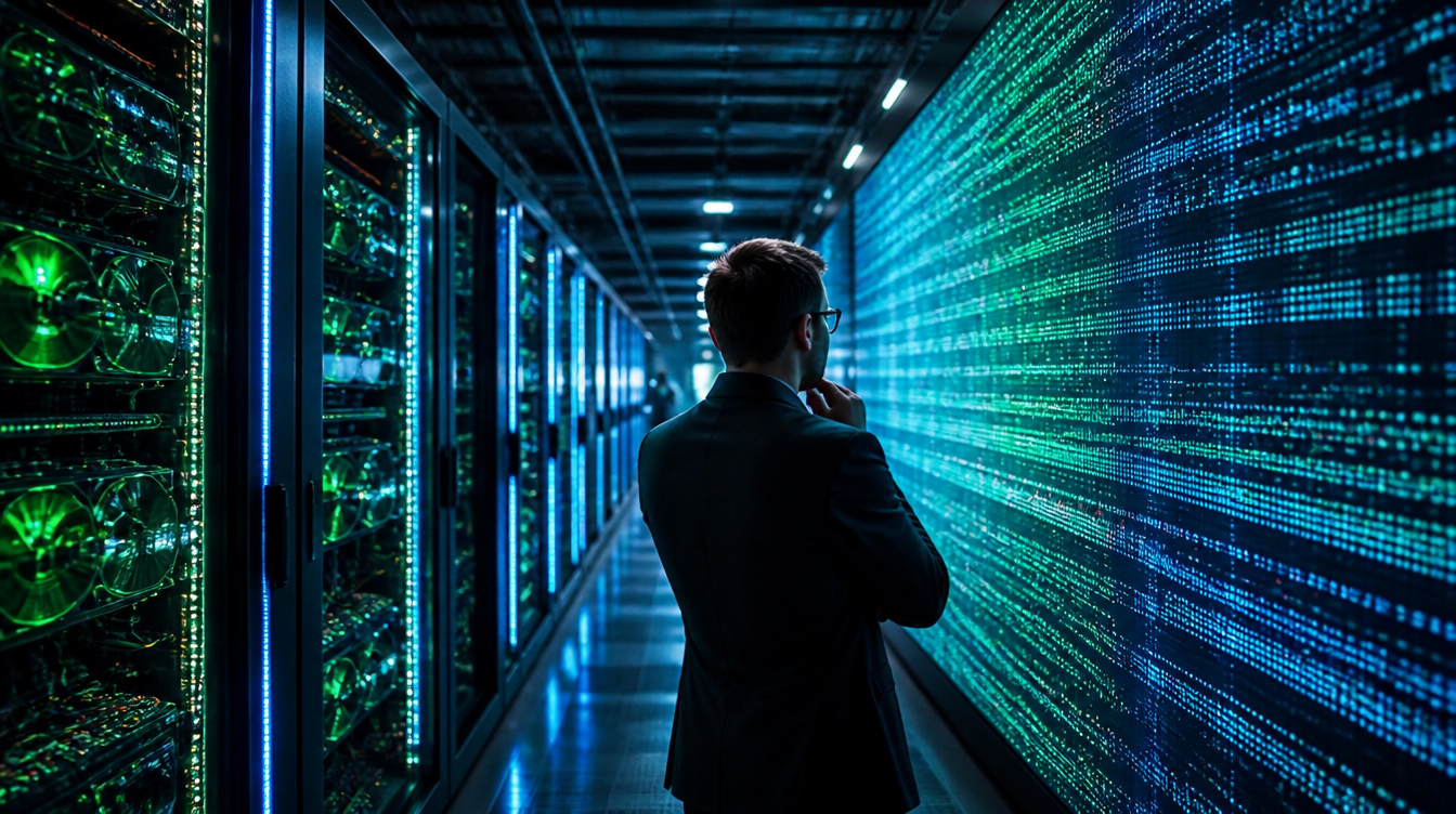 LSEG Tick History auf der GPU: Analyst vor Marktdaten-Wand im Rechenzentrum mit GPU-Servern
