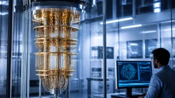 Quantencomputer im Labor: Kryostat mit goldenen Ebenen, Forscher am Monitor