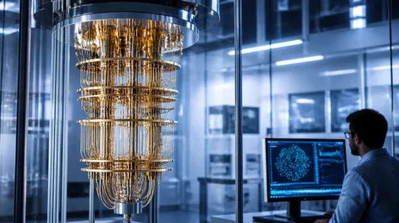 Quantencomputer im Labor: Kryostat mit goldenen Ebenen, Forscher am Monitor