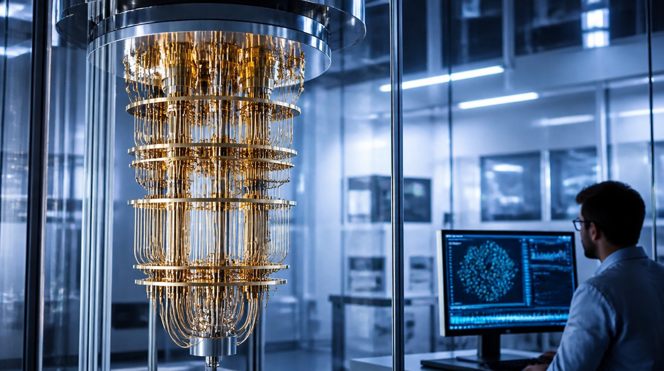 Quantencomputer im Labor: Kryostat mit goldenen Ebenen, Forscher am Monitor