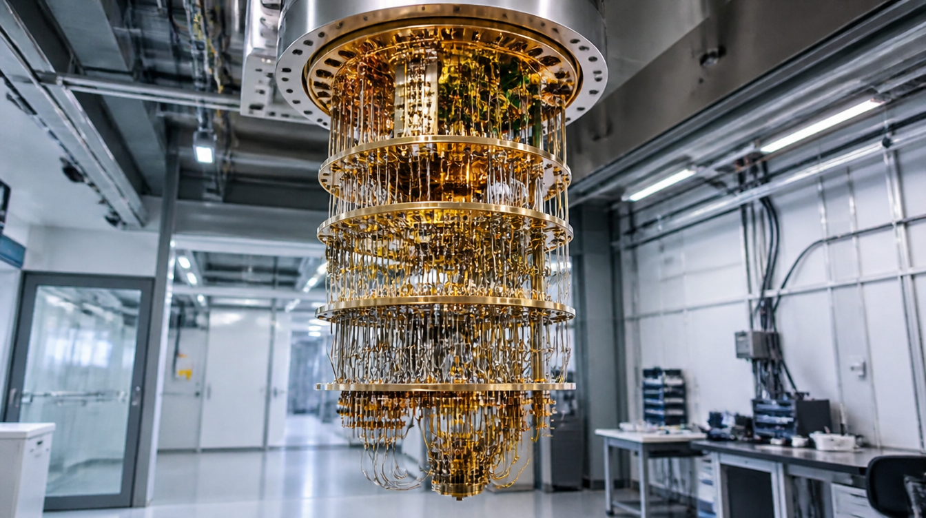 Vergoldeter Kryostat eines Quantencomputers in einem Forschungslabor