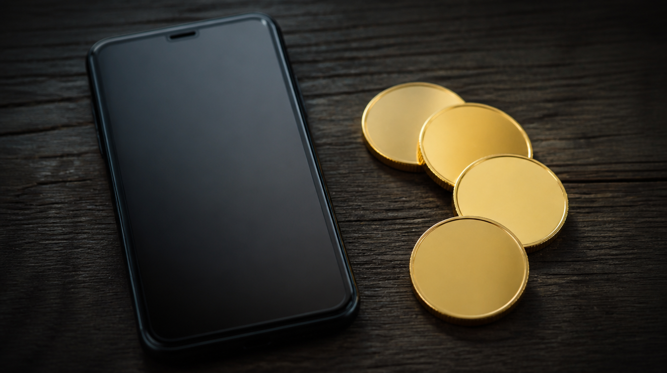 BaFin zu Krypto-Risiken: Münzen ohne Prägung neben einem Smartphone auf einem Tisch