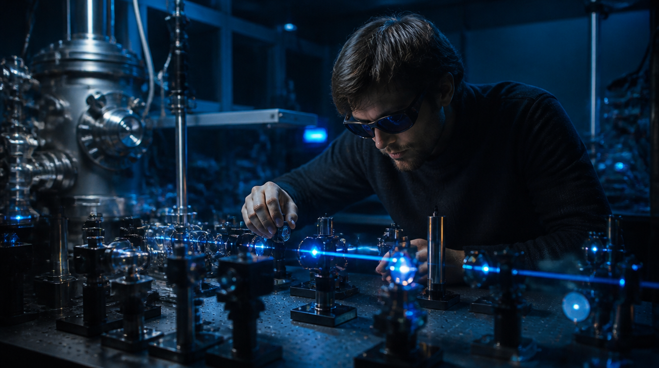 Fehlerkorrektur im Labor: Forscher justiert Spiegel und Laserstrahlen an einem optischen Tisch