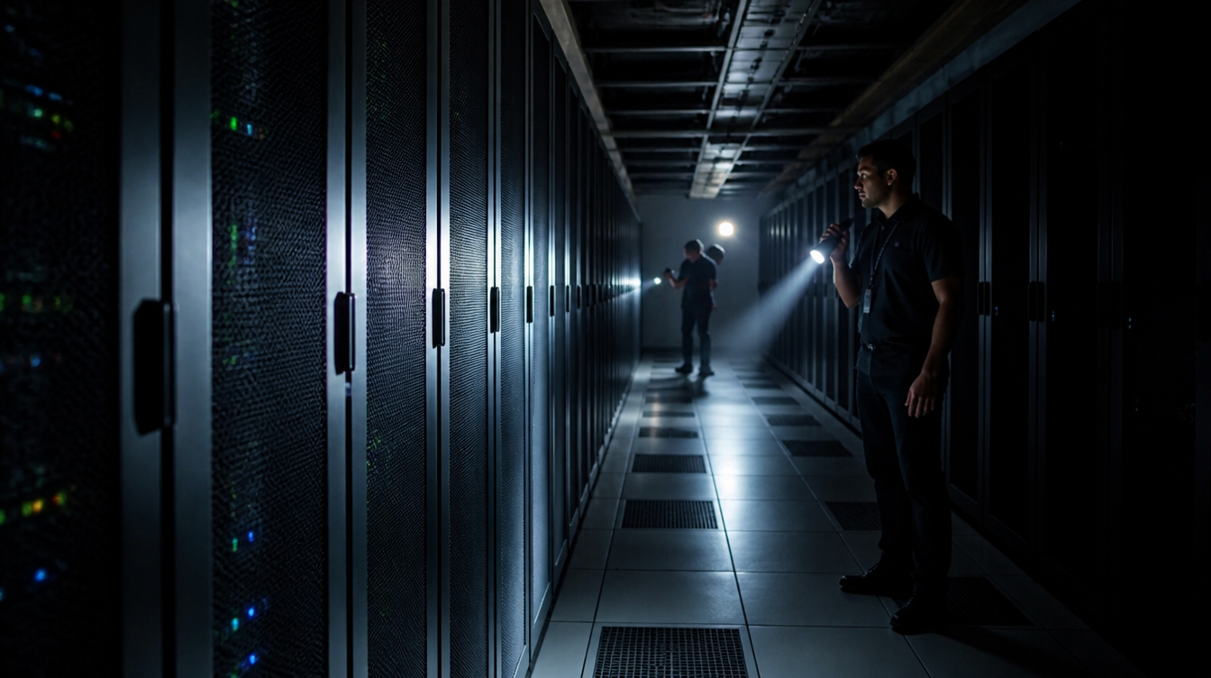 Revolut-Ausfall: Rechenzentrum mit teilweise dunklen Serverracks bei einem Stromausfall