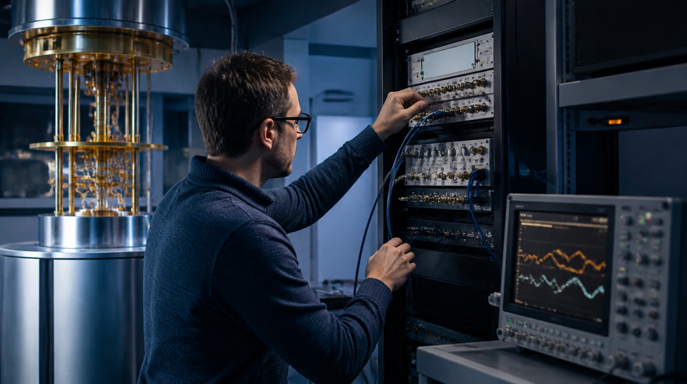 Quantengatter: Digitale Anleihe: Kette aus leuchtenden Blöcken über einer Bankhalle