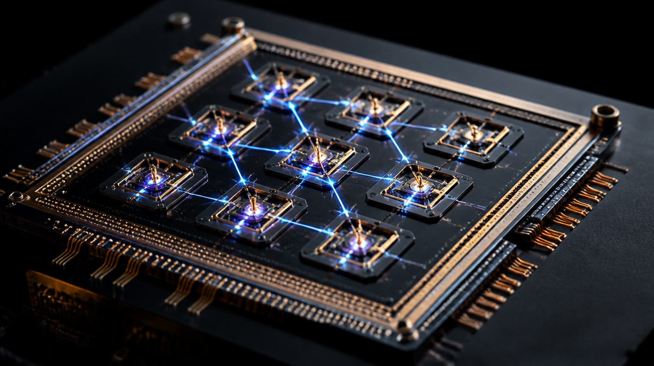 Symbolbild für das Verbundprojekt QSolid: stilisierter Quantenprozessor mit miteinander verbundenen Qubits auf einem Chip