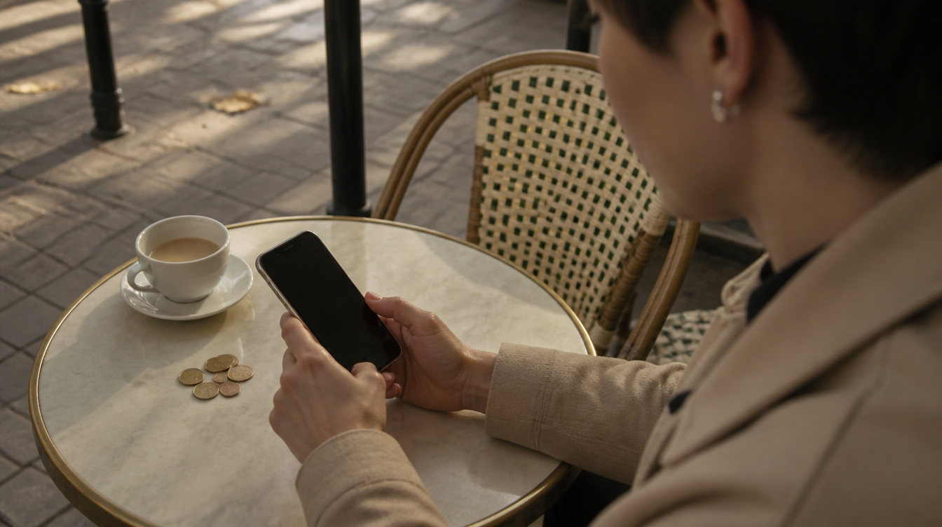 Samsung: Empfängerin im Café prüft auf dem Smartphone eine Auslandsüberweisung, Münzen auf dem Tisch