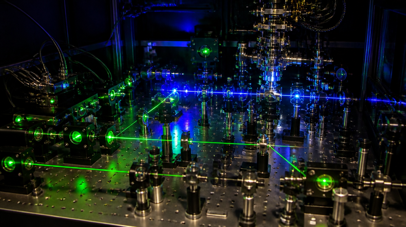 Fehlerkorrektur: Optischer Tisch mit Lasern und Spiegeln eines Ionenfallen-Quantenrechners im abgedunkelten Labor
