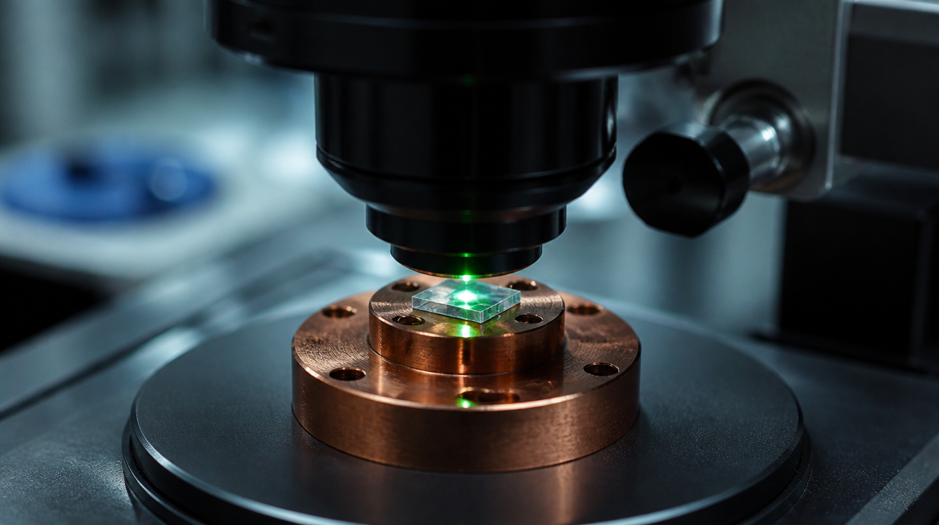 IonQ und Quantenspeicher: Diamantchip unter dem Mikroskop mit grünem Laserpunkt
