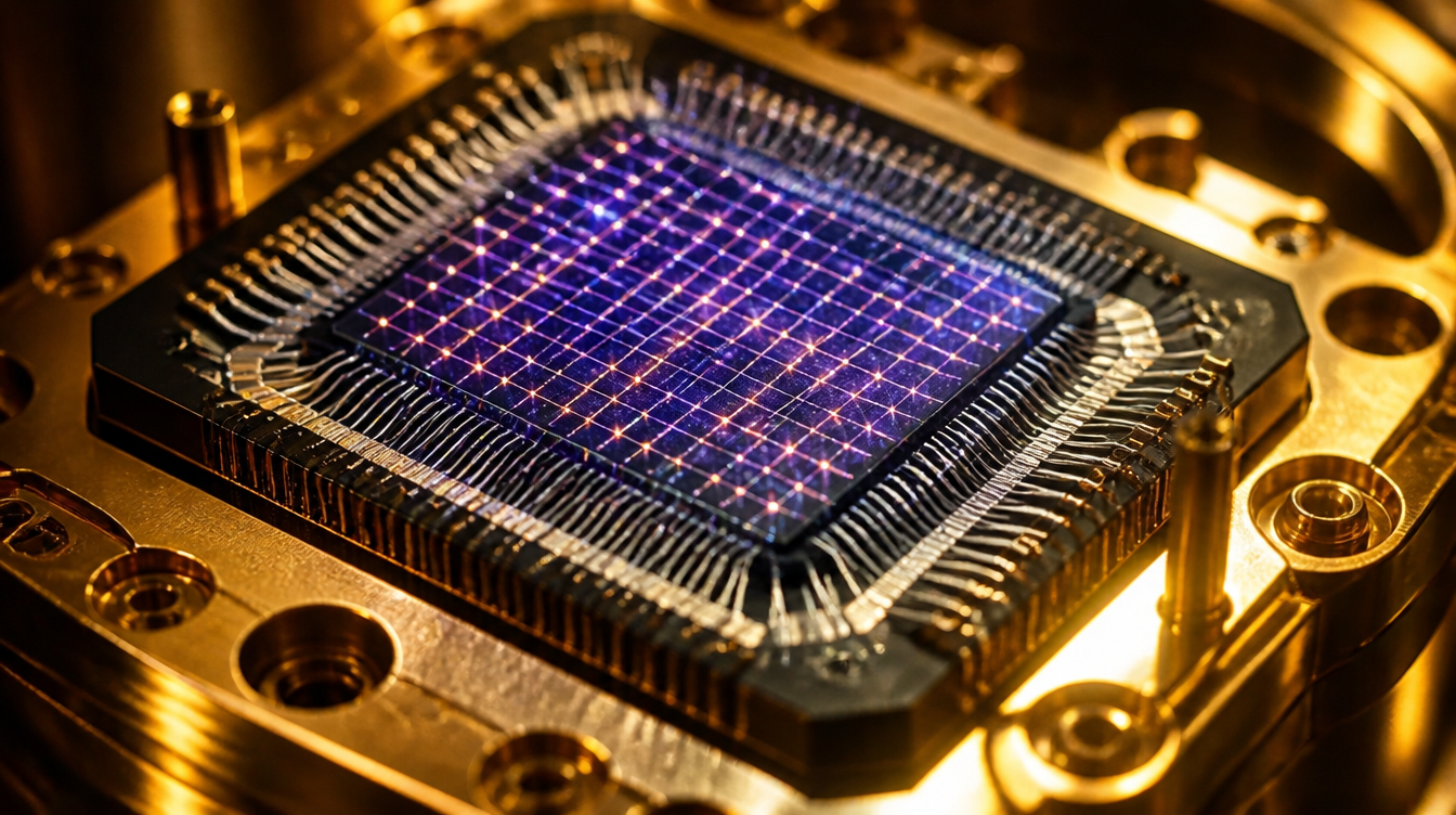 Quantencomputer-Chip in Makroaufnahme mit feiner Verdrahtung