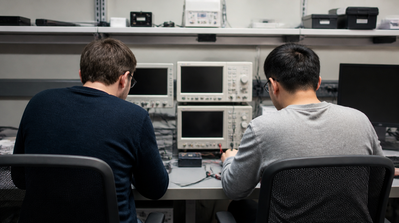 Forschende am Quantencomputer-Labortisch mit Messgeräten, von hinten gesehen