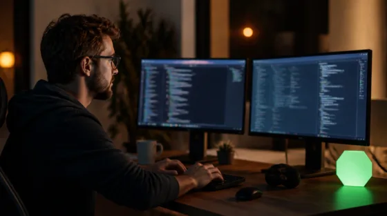 Node.js: Entwickler am Schreibtisch mit Terminalfenstern