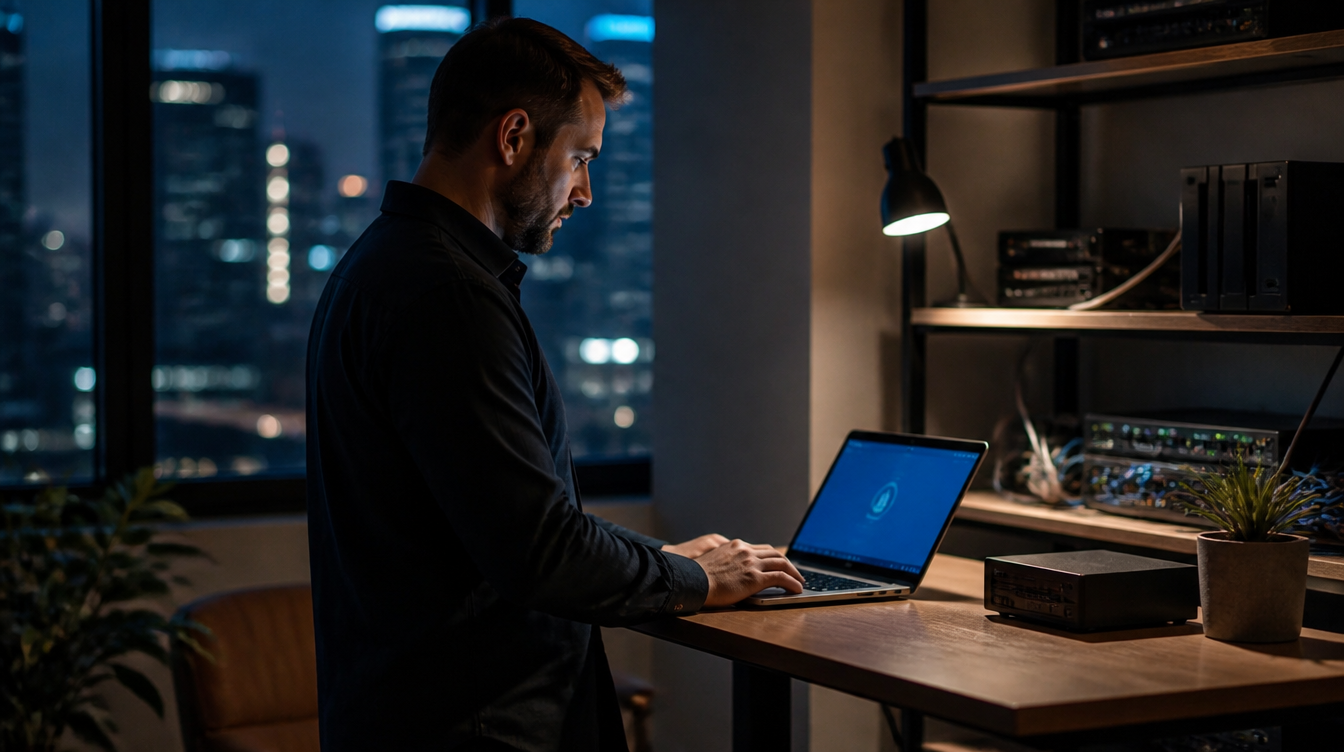 Tailscale SSH: Administrator prüft eine gesicherte Fernverbindung am Laptop