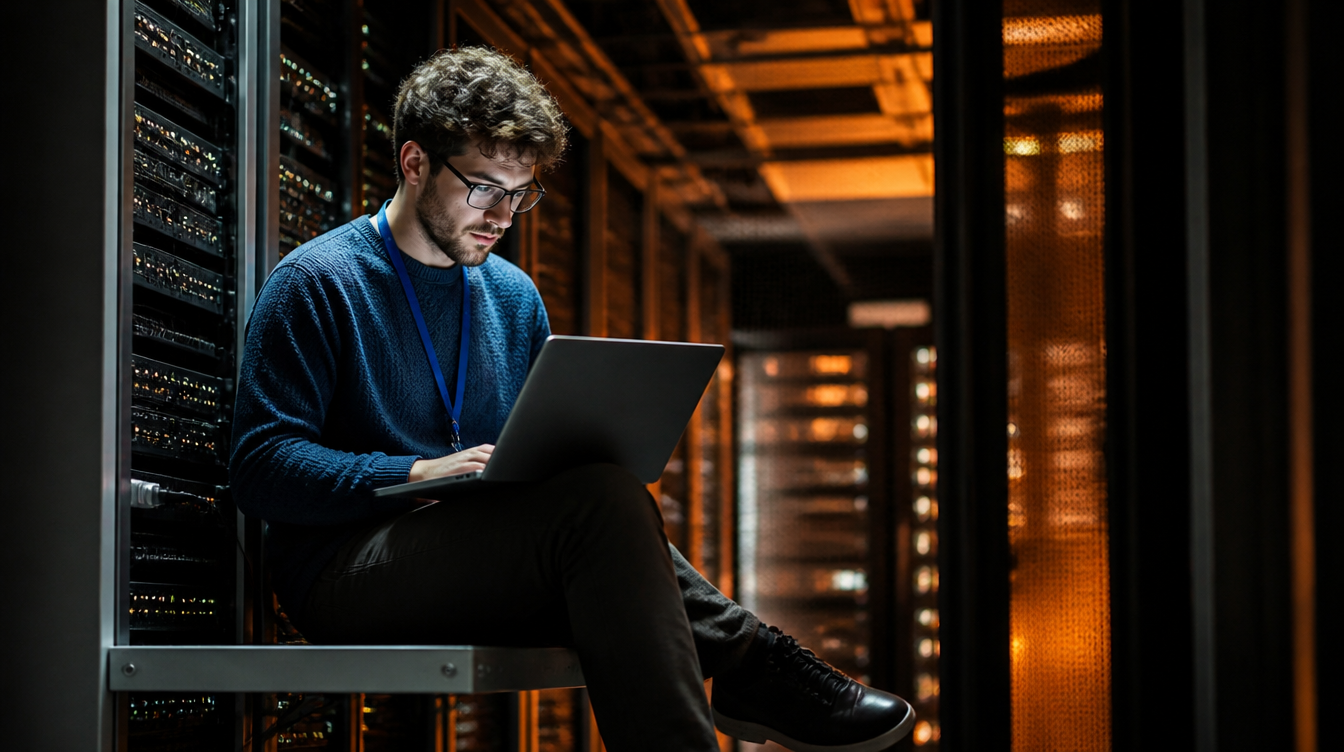 systemd: Administrator baut am Serverschrank Softwarepakete auf dem Laptop