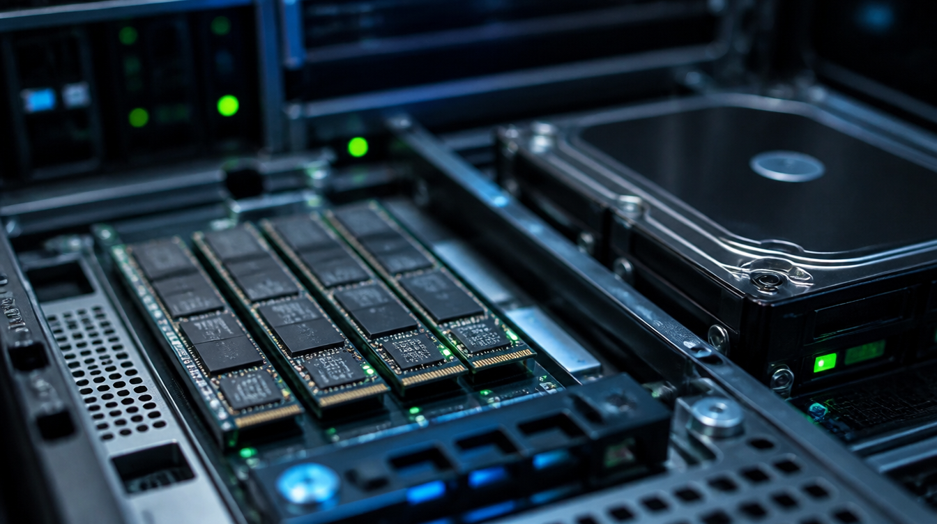 Linux 7.3 und Dateisysteme: SSDs und Festplatten in einem geöffneten Servergehäuse