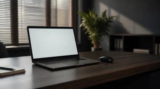 Computer-Use-Agenten am Arbeitsplatz: leerer Schreibtisch mit Laptop und Maus im ruhigen Büro