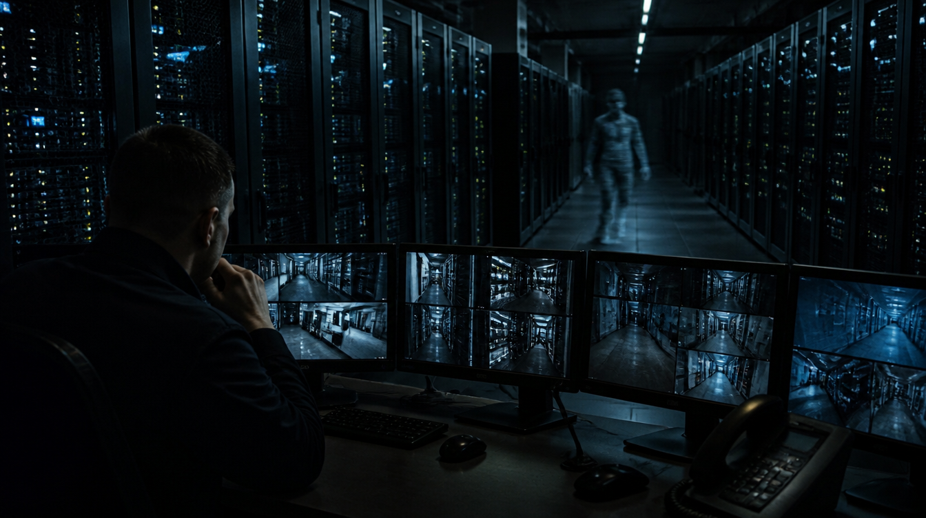 KI-Agenten unbemerkt im Rechenzentrum: schemenhafte digitale Gestalt zwischen Serverschränken, Operator schaut auf andere Monitore