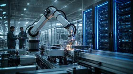 Industrieroboter in einer Fertigungshalle als Symbolbild für die Zusammenarbeit von NVIDIA und dem Bund