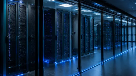 Serverschränke in einem Rechenzentrum, auf denen Foundry Local für lokale KI-Agenten laufen könnte