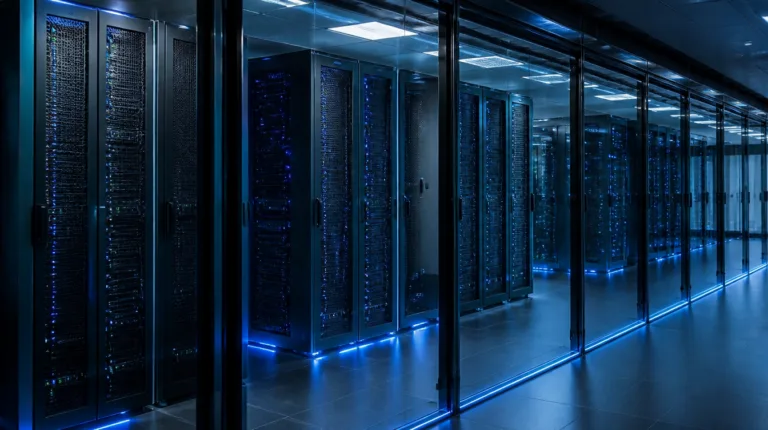 Serverschränke in einem Rechenzentrum, auf denen Foundry Local für lokale KI-Agenten laufen könnte