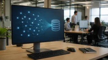 Dynamics: Vertriebsbüro mit großem Bildschirm, auf dem ein abstraktes Netzwerk in eine zentrale Datenbank mündet
