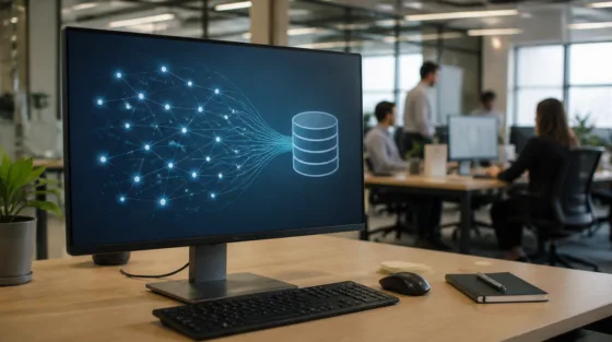 Dynamics: Vertriebsbüro mit großem Bildschirm, auf dem ein abstraktes Netzwerk in eine zentrale Datenbank mündet