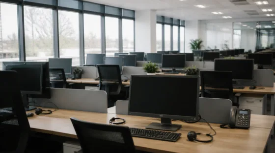 Großraumbüro, in dem Agenten Arbeit abnehmen sollen: Headsets an leeren Arbeitsplätzen