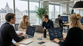 Europäisches Team im Büro mit Dashboards zu KI-Agenten-Workflows auf mehreren Laptops