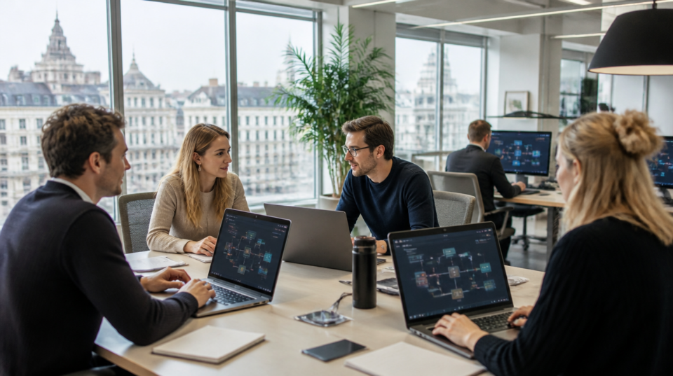 Europäisches Team im Büro mit Dashboards zu KI-Agenten-Workflows auf mehreren Laptops