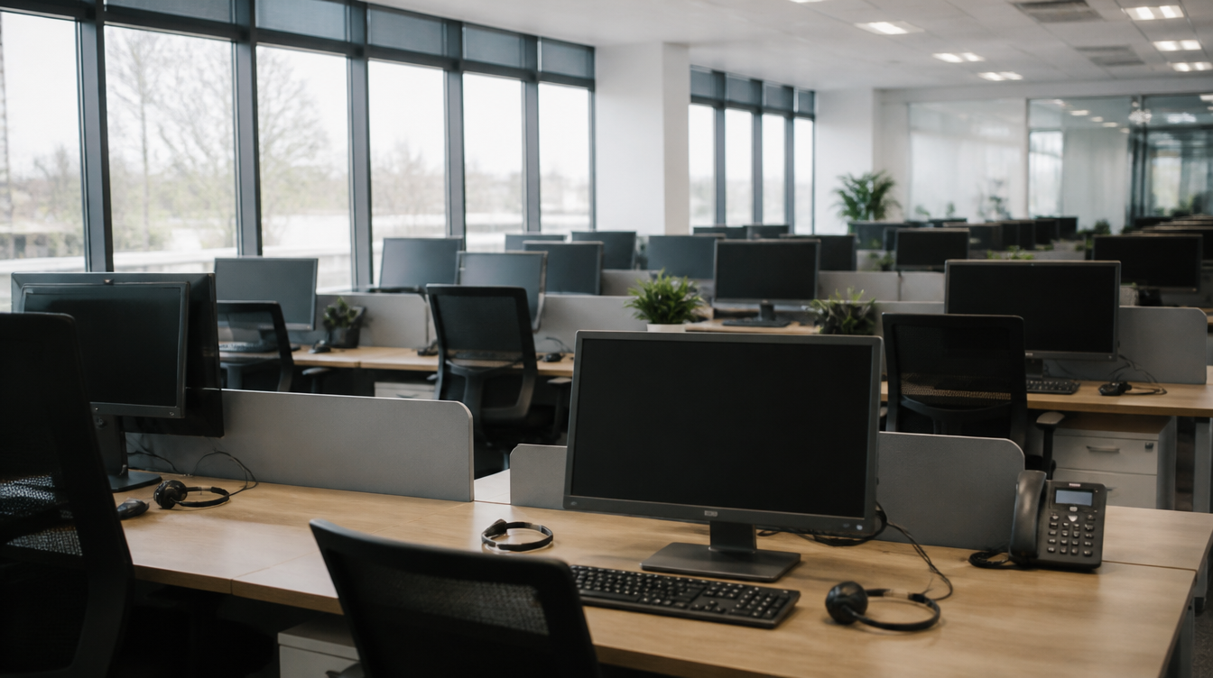 Großraumbüro, in dem Agenten Arbeit abnehmen sollen: Headsets an leeren Arbeitsplätzen