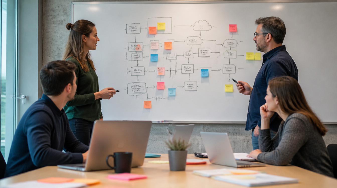 Digitalimporte ersetzen: Team plant am Whiteboard alternative Anbieter