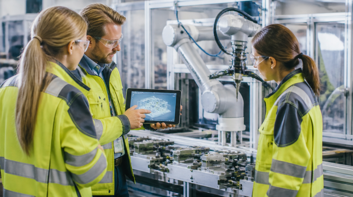 NVIDIA und Mittelstand: Ingenieure besprechen an einer Roboterzelle einen digitalen Zwilling