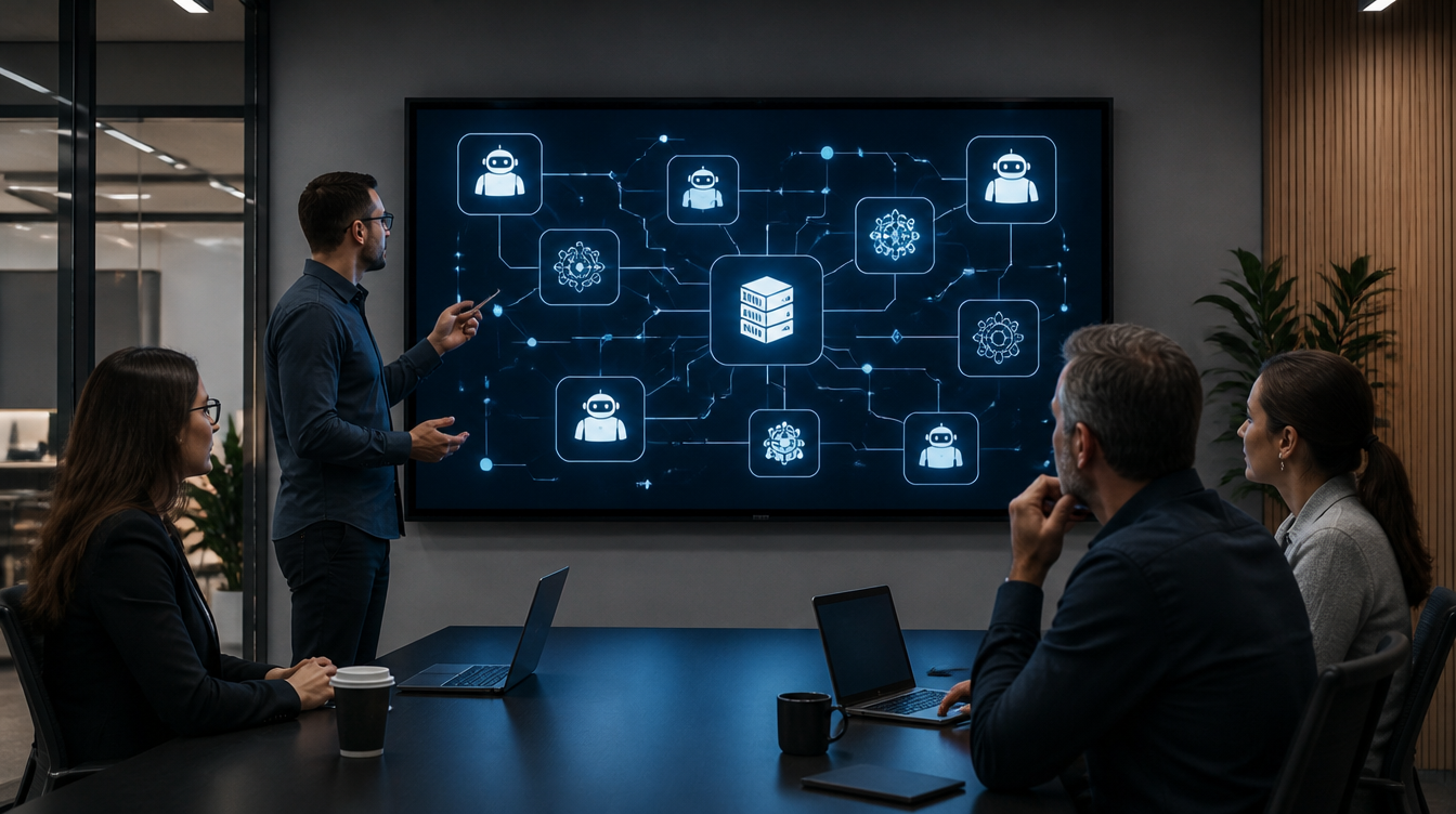 Foundry Local: IT-Team bespricht ein Netzwerkdiagramm lokaler KI-Agenten