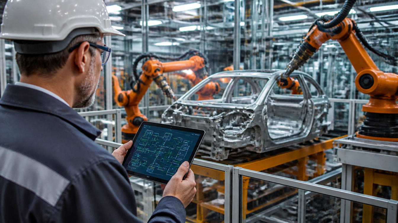 Copilot Agenten: Ingenieur mit Tablet in einer Autofabrik