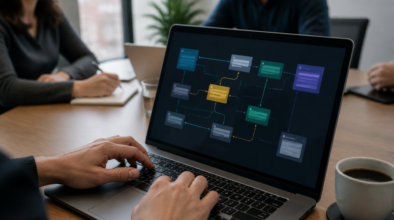 Dynamics: Hände am Laptop, auf dem Bildschirm ein abstrakter Workflow aus Karten und Verbindungslinien