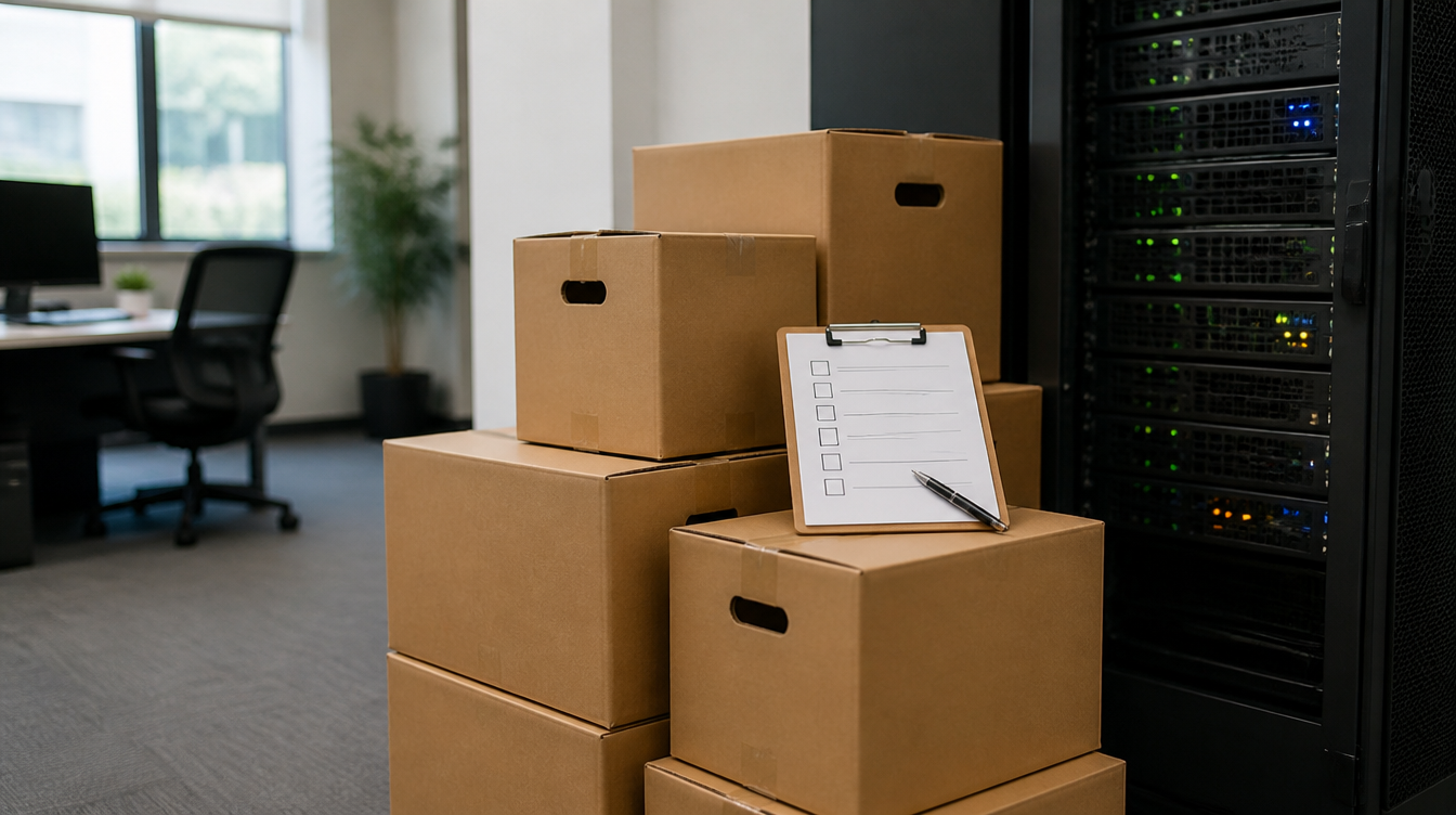 Deno-Exit-Plan: Umzugskartons neben einem Serverschrank mit Checkliste