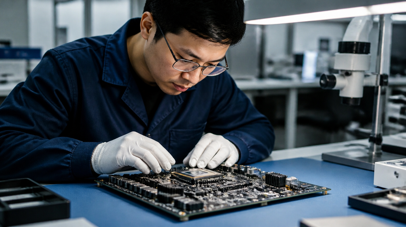 Maia: Ingenieur prüft KI-Beschleunigerplatine im Reinraumlabor